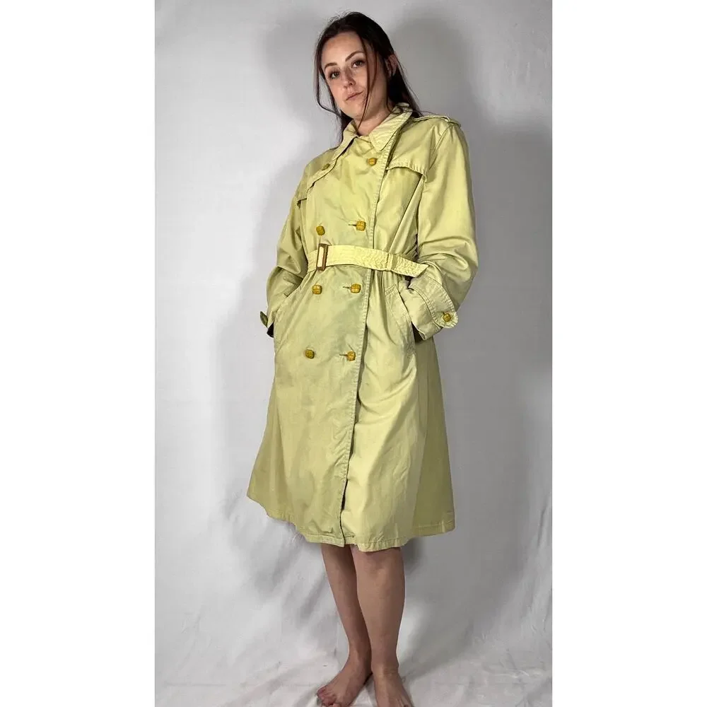 Vintage 1980s Hand Dyed Ombre Dip Dye Trench Coat Yellow Green Double Breasted